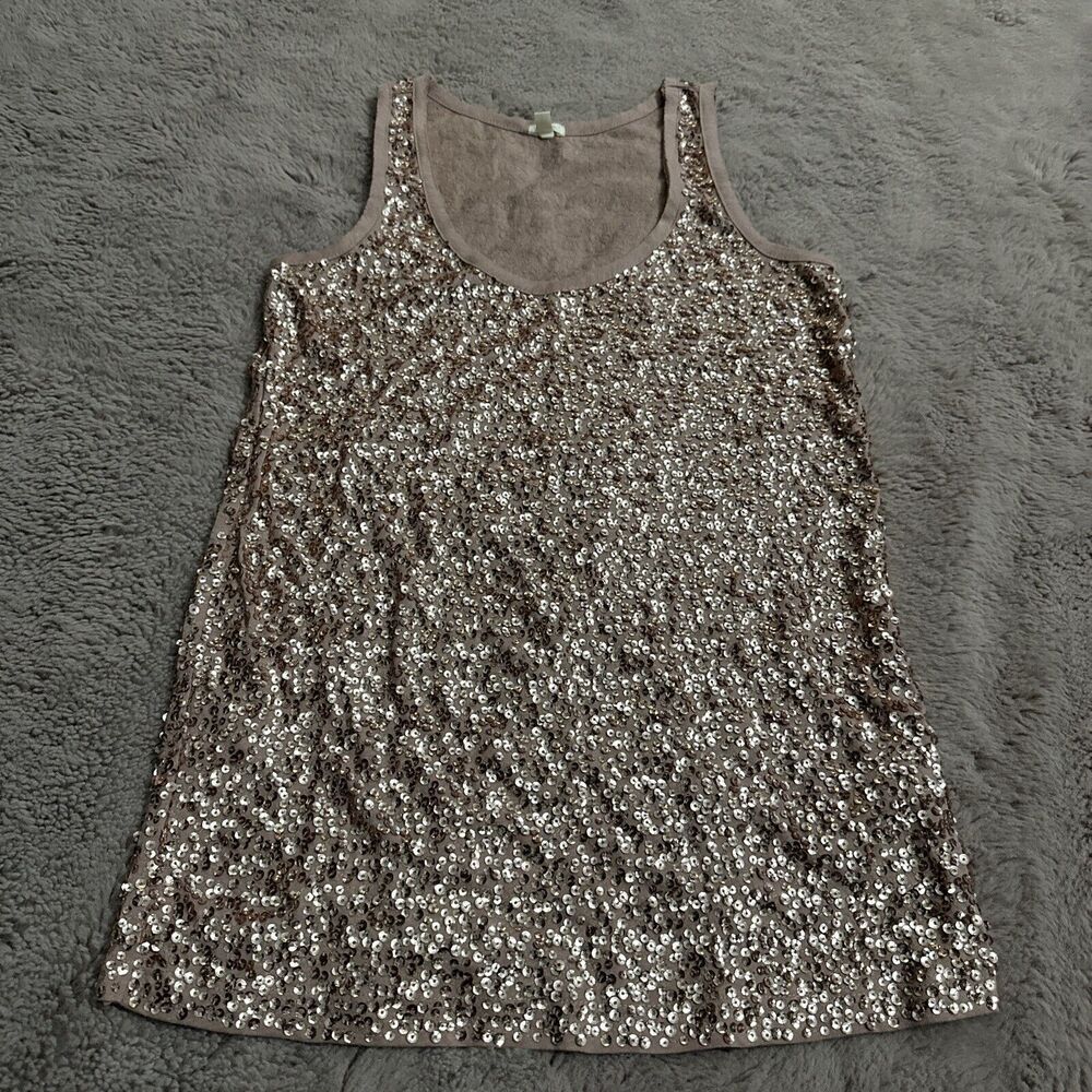 J Crew Copper Rose Gold Sequin Tank Top Front & Back XS Cotton Linen